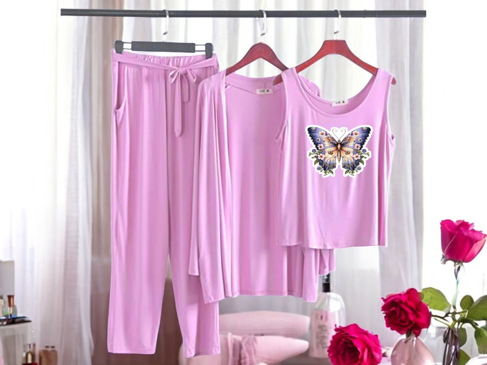 Baby Pink Color 3 Piece Night Wear